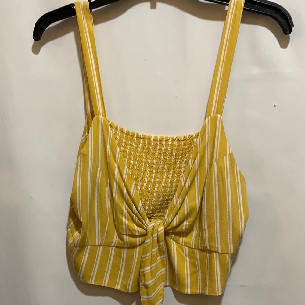 LOTTIE MOSS OCHER/WHITE STRIP HALTER SZ M RAYON SMOCKED BACK/TIE FRONT